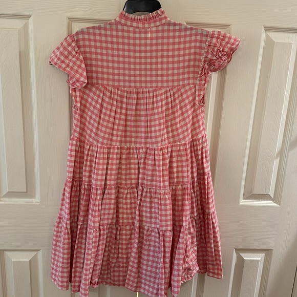 Pink and tan plaid Karlie mini dress. Tiered with button from. size medium. - Picture 2 of 3
